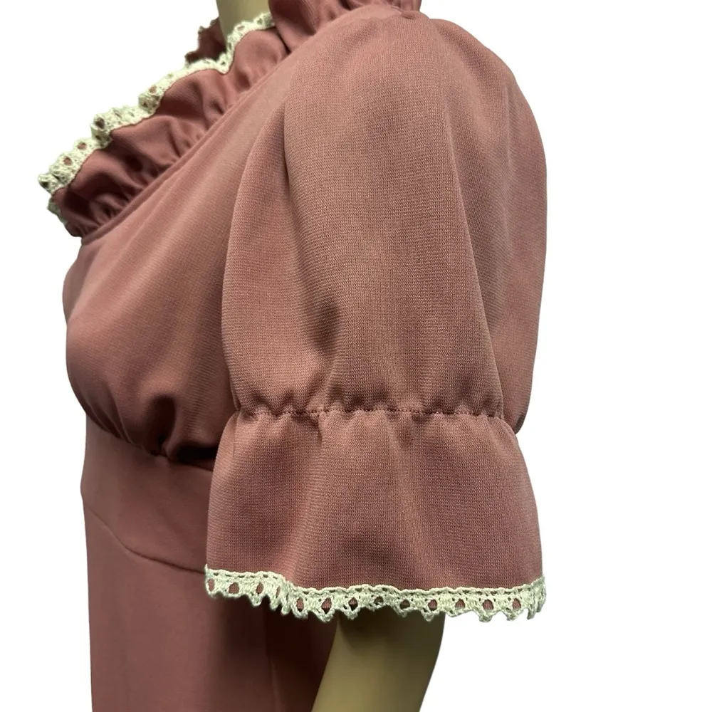 Vintage Prairie Empire Waist Ruffled Puff Short Sleeve Tie Waist Maxi Dress 7 Pink Size undefined - Image 11