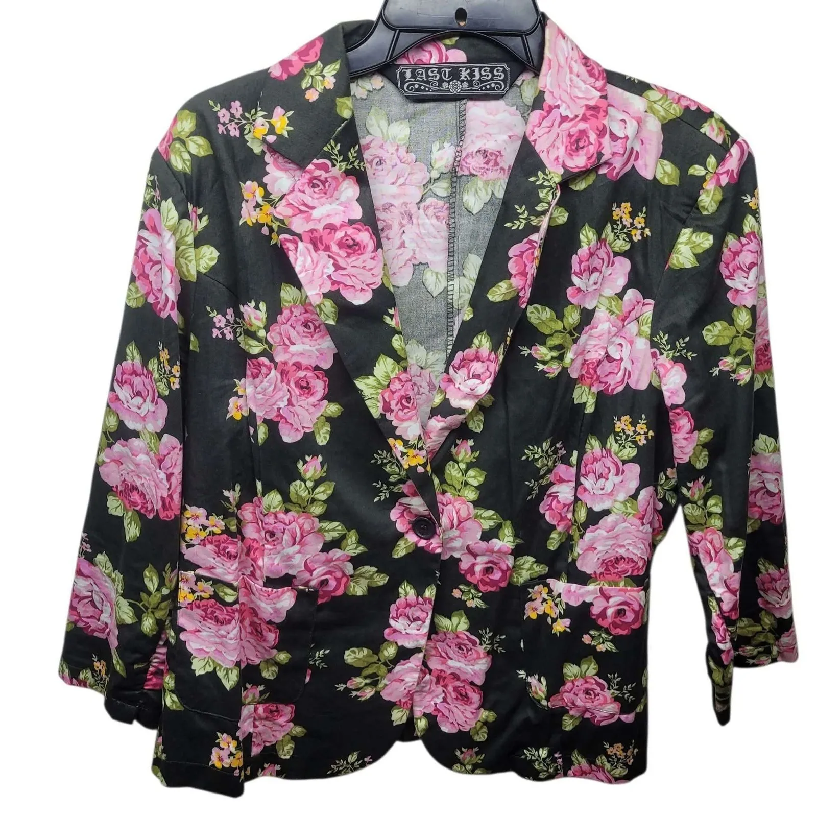 Last Kiss Blazer XL‎ Black Pink Floral 3/4 Sleeve Button Front Career - Image 2
