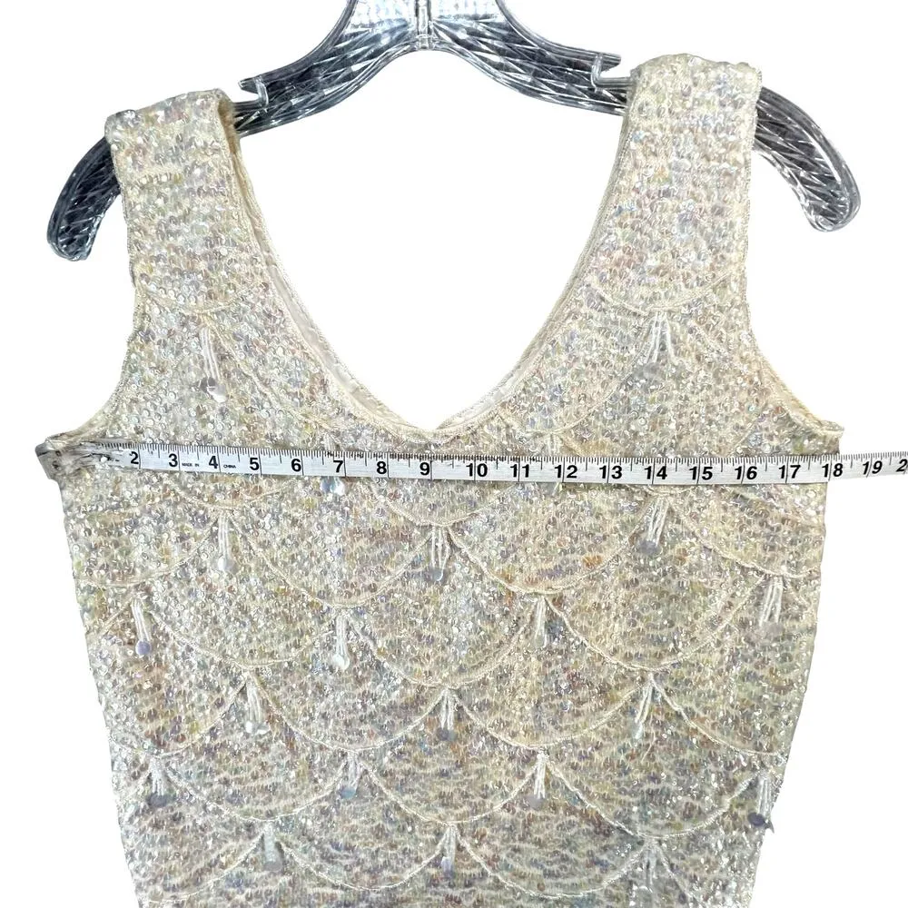 Vintage 60s Beaded Tank Top M Cream Sequin Iridescent Fringe Mod Party Elegant Size M - Image 7