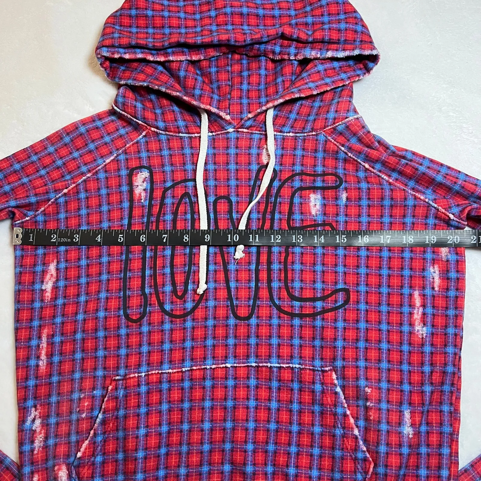 Frank & Eileen Plaid LOVE Distressed Pullover Hoodie Sweatshirt Size XS - Image 12