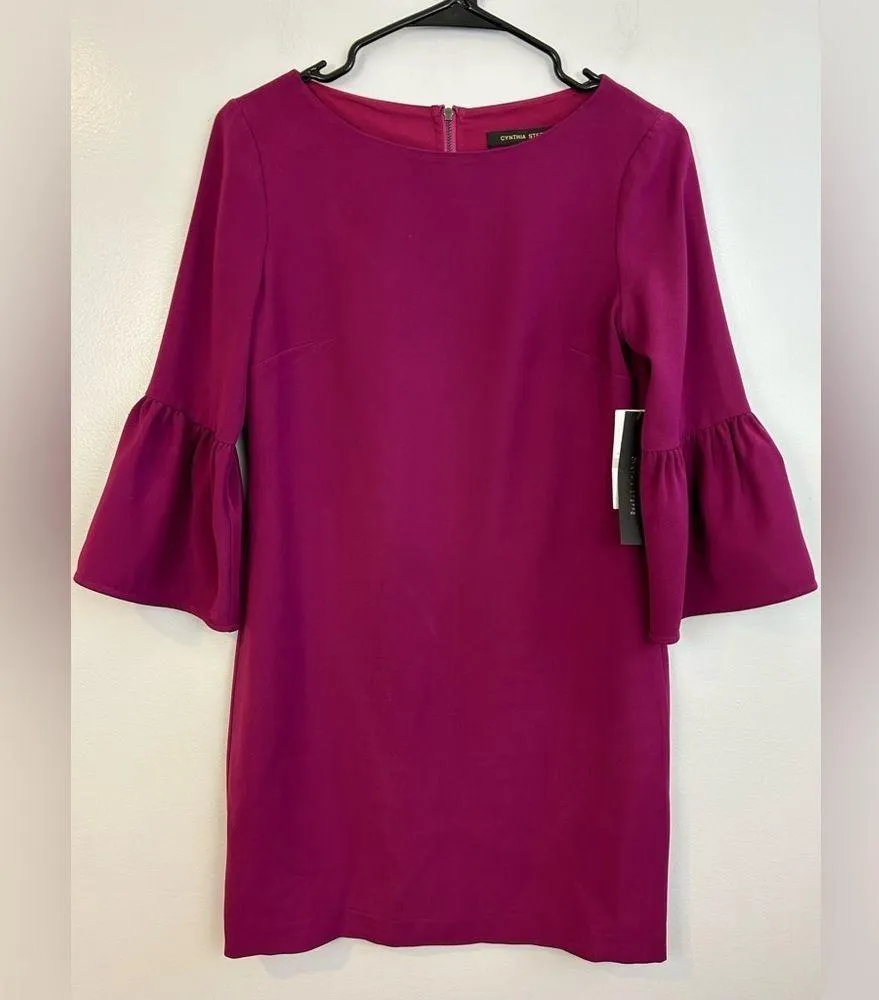 NWT Cynthia Steffe Raspberry 'Cora" Trumpet Sleeve Crepe Shift Mini Dress Sz 0 - Image 2