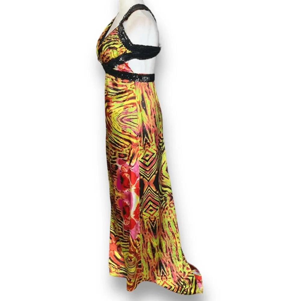 Vintage Zum Zum Niki Livas Animal Print Sequin Crisscross Halter Maxi Dress 5/6 Yellow - Image 4