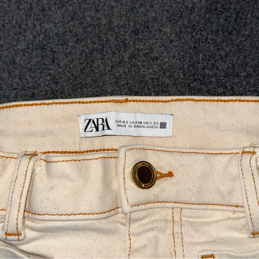 Zara High Waist Mini Flare Jeans Beige Cream Raw Hem 10 Preppy Boho Patch Pocket - Image 7