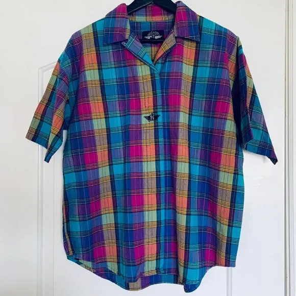 Uniquely RARE Vintage Dockers Bright Plaid Print Button Up Dress Shirt | Size: S - Image 1