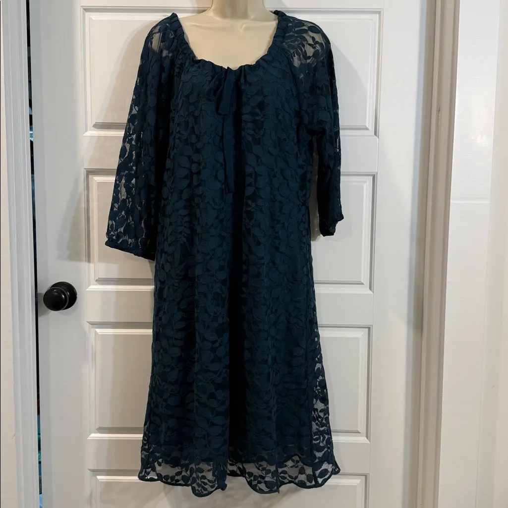 Garnet Hill Boheme Easy Lace Dress teal turquoise knee length boho tie 16 - Image 3