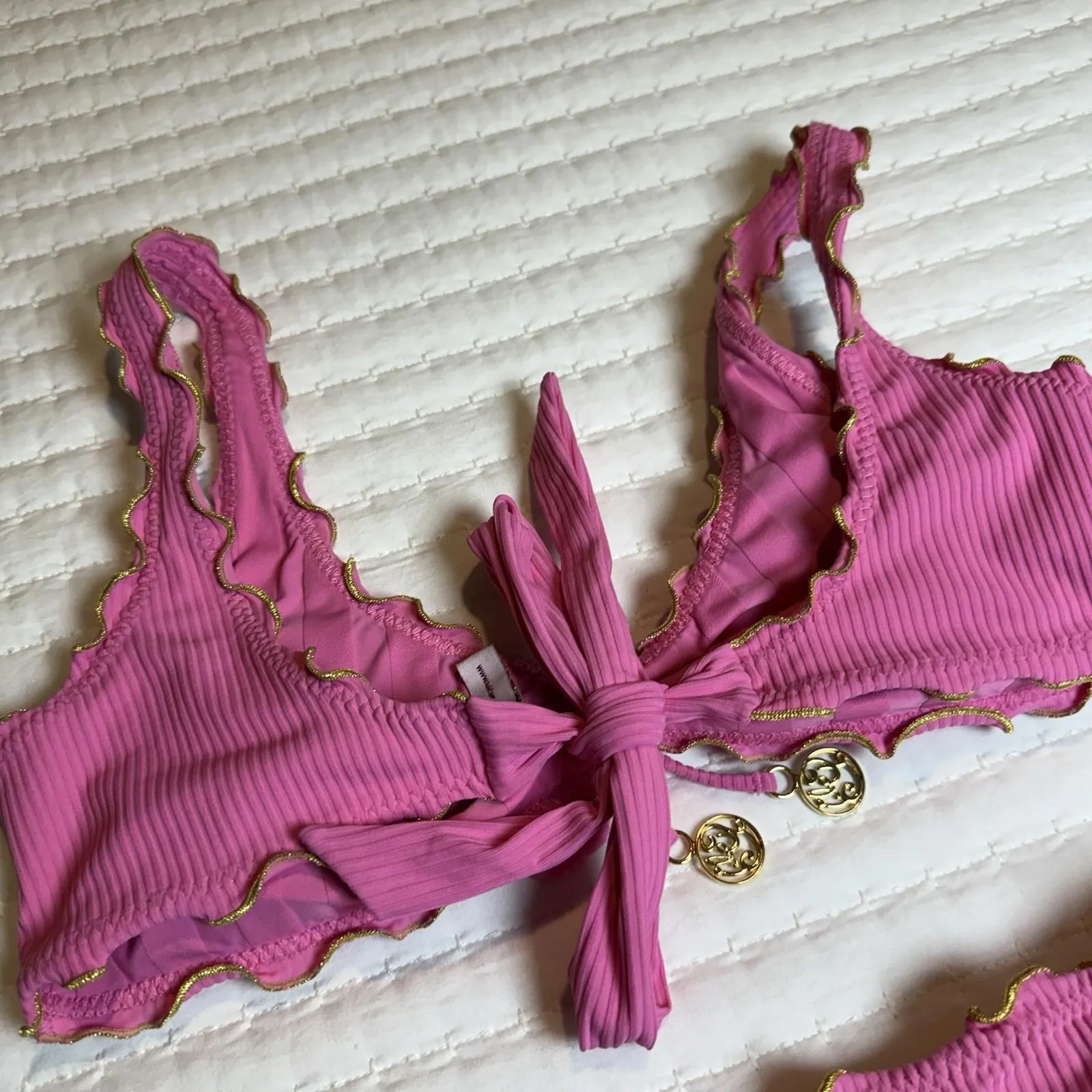 Luli Fama Adore Wavy Luxe Stitch Bikini Set Top & Bottom Sz S Small Pink - Image 6