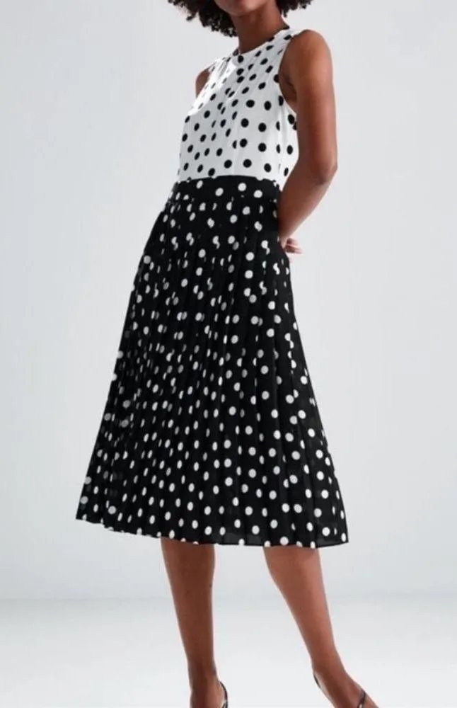 Zara Dress Black White Ivory Contrast Polka Dots Sleeveless Pleated Midi Small - Image 12