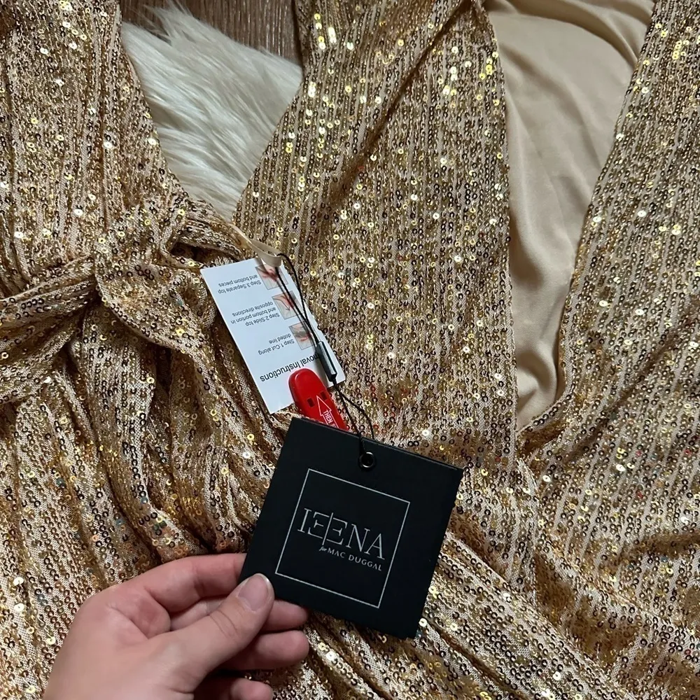 IEENA FOR MAC DUGGAL Sequined Halter Neck Belted Soft Dress In Champagne - Image 5