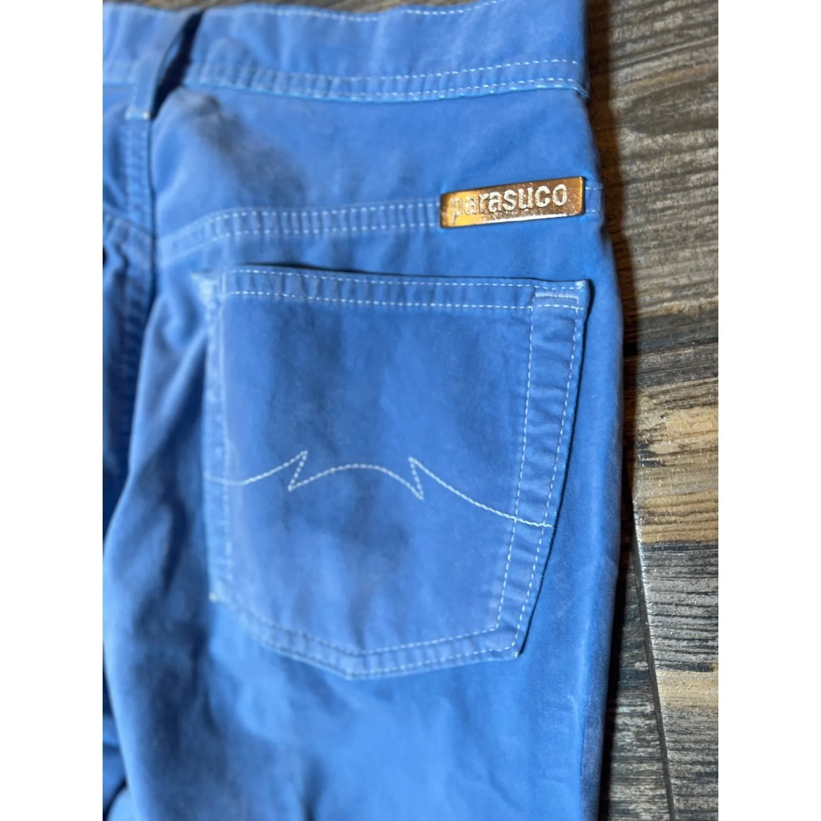 Vintage PARASUCO Street Couture Blue Velvet Bootcut Flare Jeans Size 27x31 90s - Image 13