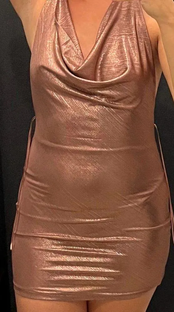 DNA Cowl Neck Rose Gold Mini Dress - Image 2