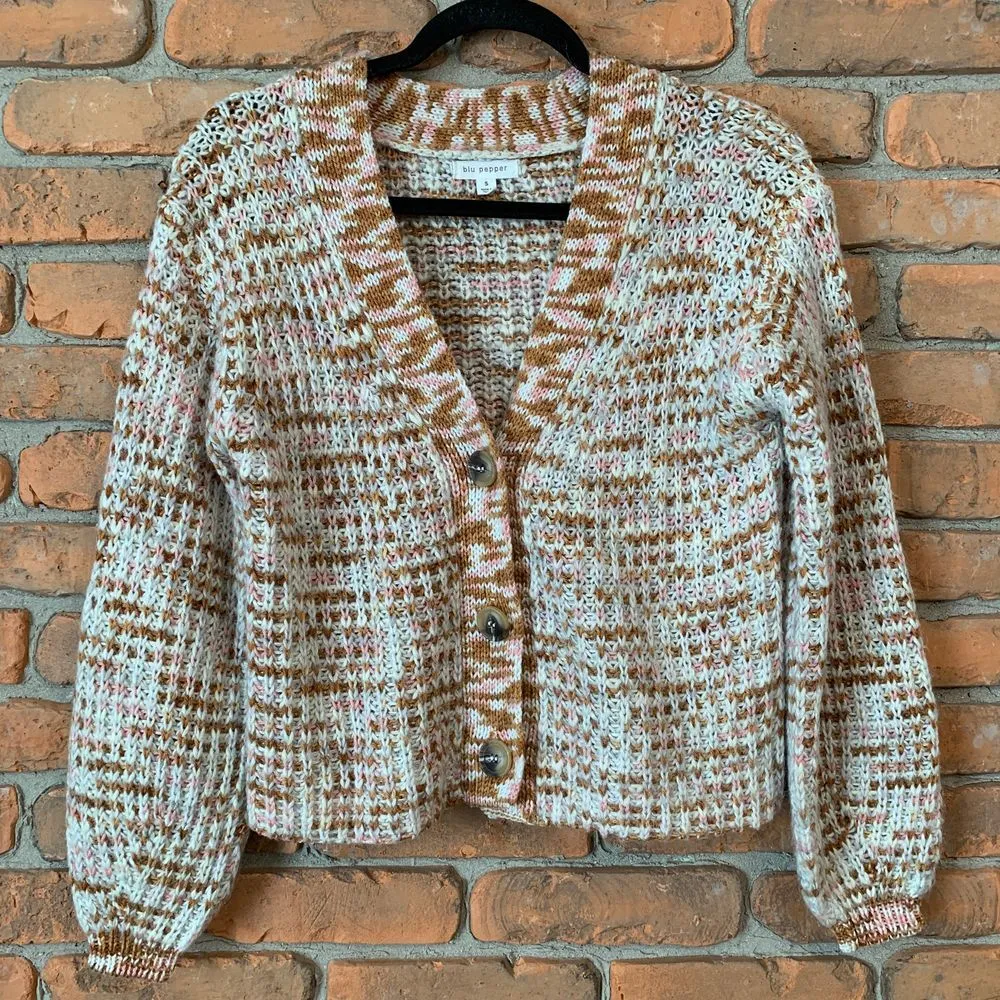 Blu Pepper Marled Knit Button Front Cardigan Sweater Cream Brown Pink Size Small - Image 3