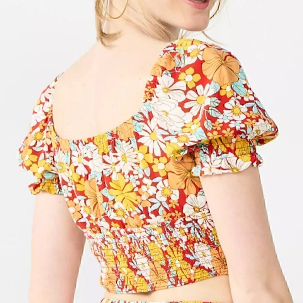NEW NWT SO Cropped Floral Puff Sleeve Top Red Mustard Short Sleeve Y2K Crop Top - Image 3