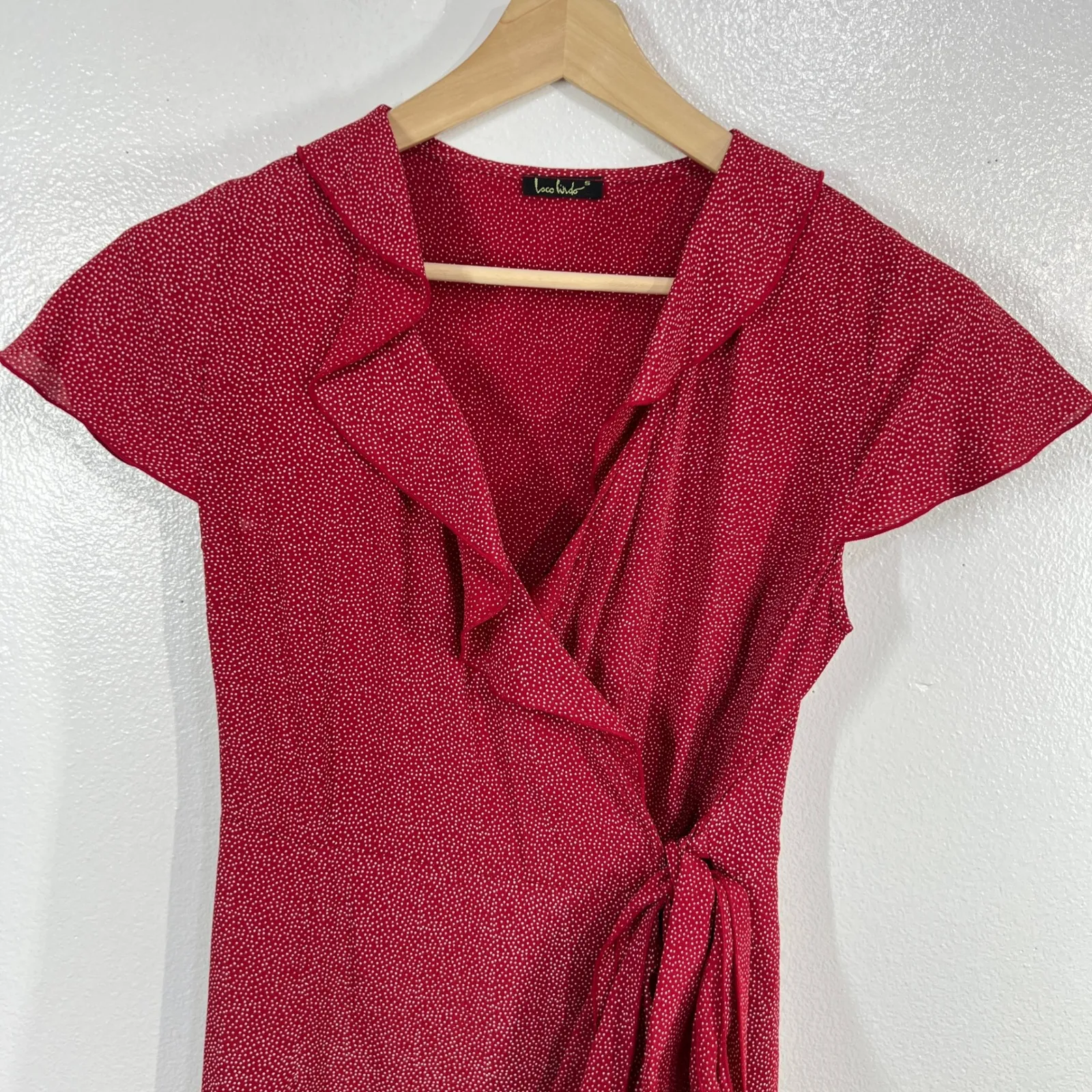 Loco Lindo Red Polka Dot Wrap Dress‎ Small Ruffle Hem Cap Sleeve Retro Chic 90s - Image 12