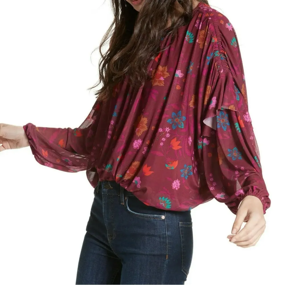 Free People Wild Flower Honey Blouse in Berry Combo Size XS Fall Floral Ruffle - Image 4