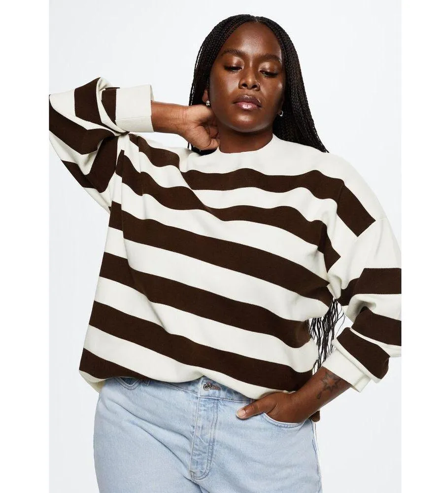 MNG Women's Cream Brown Striped Mock Neck Oversized Pullover Sweater Size L Size L - Image 11
