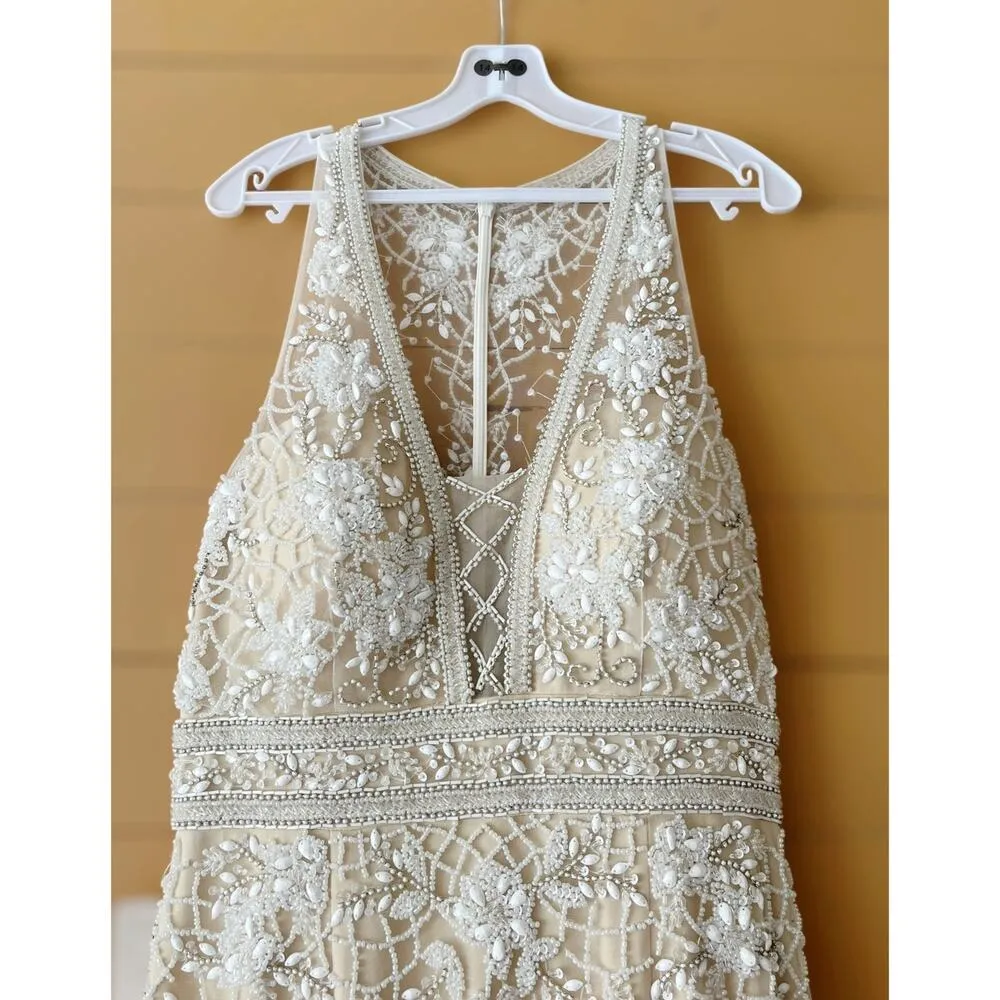 COLORS Ivory Gown Mermaid Mesh Embellished Sleeveless Evening Wedding Dress 14 - Image 5