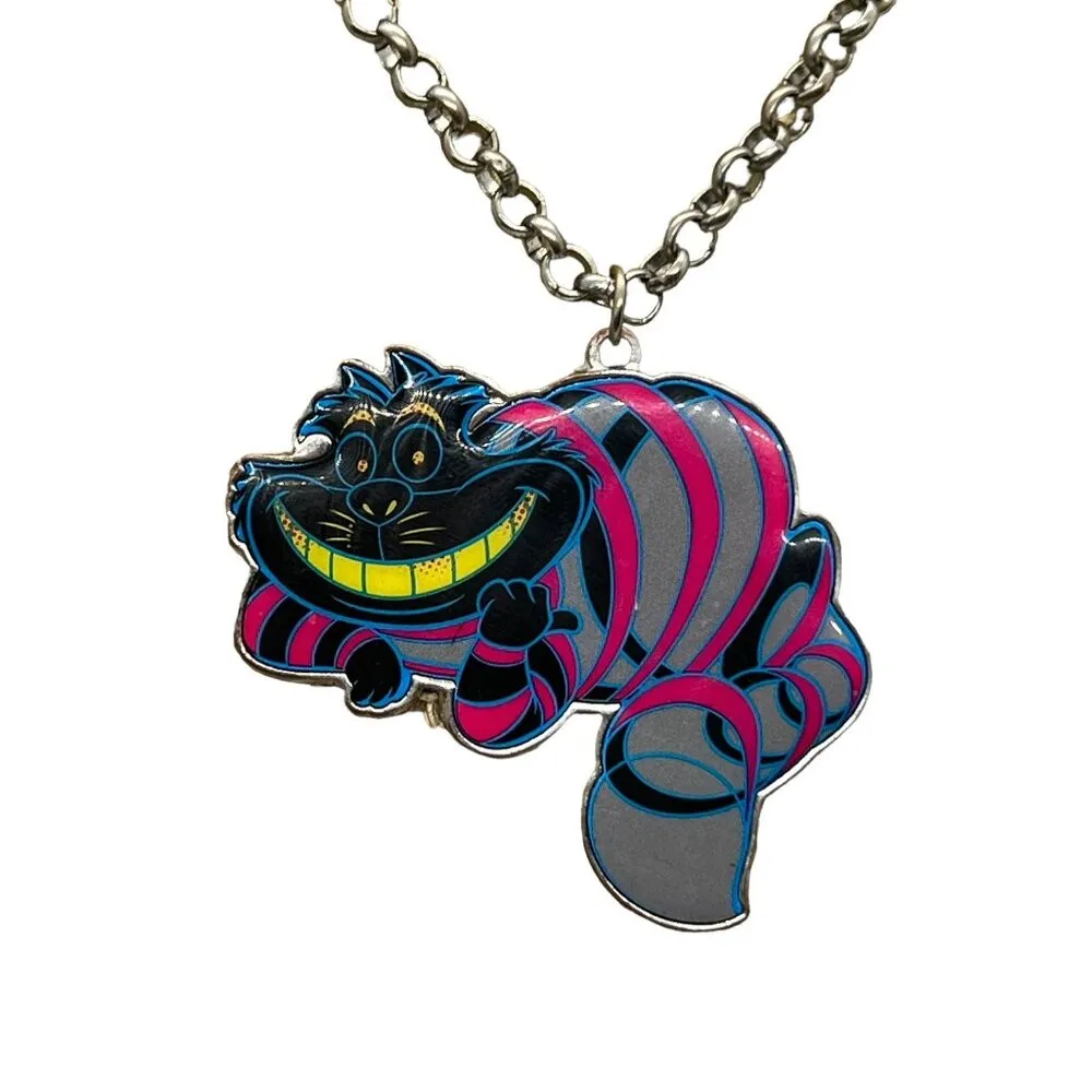 Disney Cheshire Cat Pendant Necklace Silver Tone Neon Colors Adjustable 22.5" - Image 2
