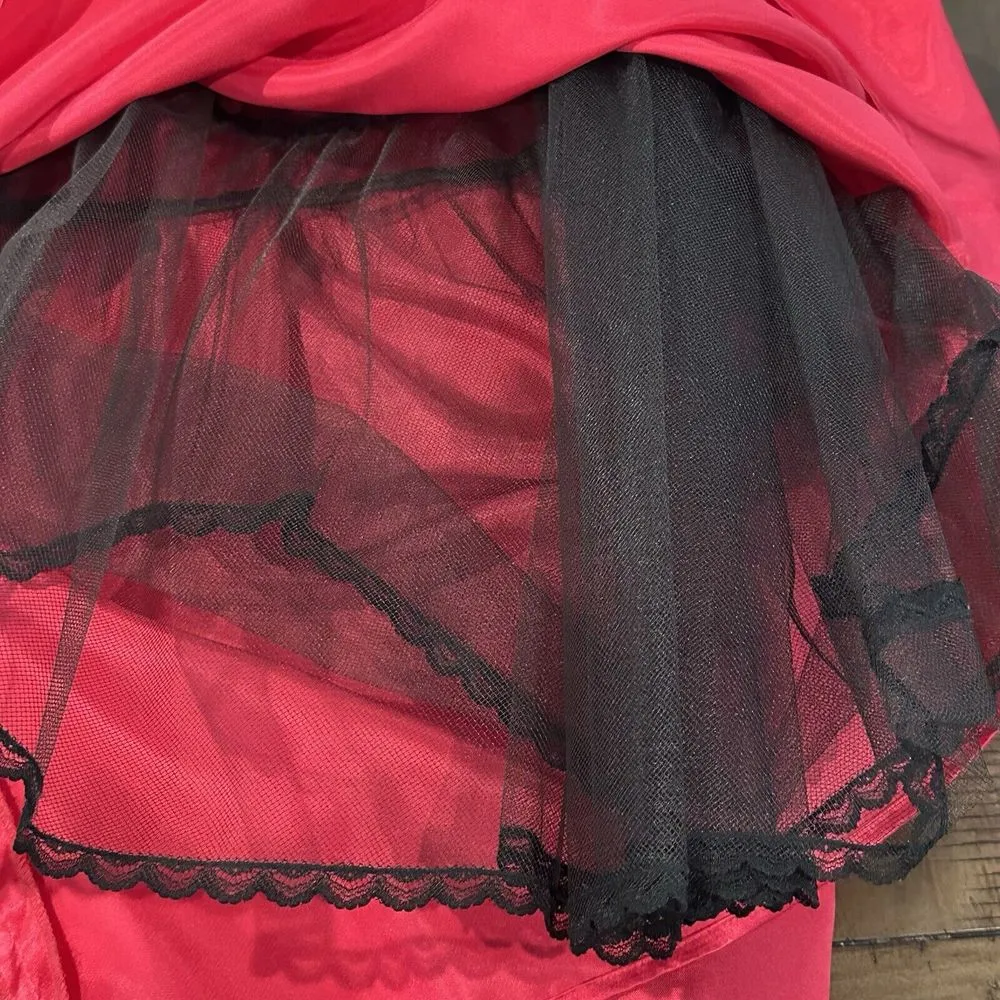 VTG 80s McClintock Velvet Top Dress 10 Black Sequin Lace Red Silk Victorian Goth - Image 10