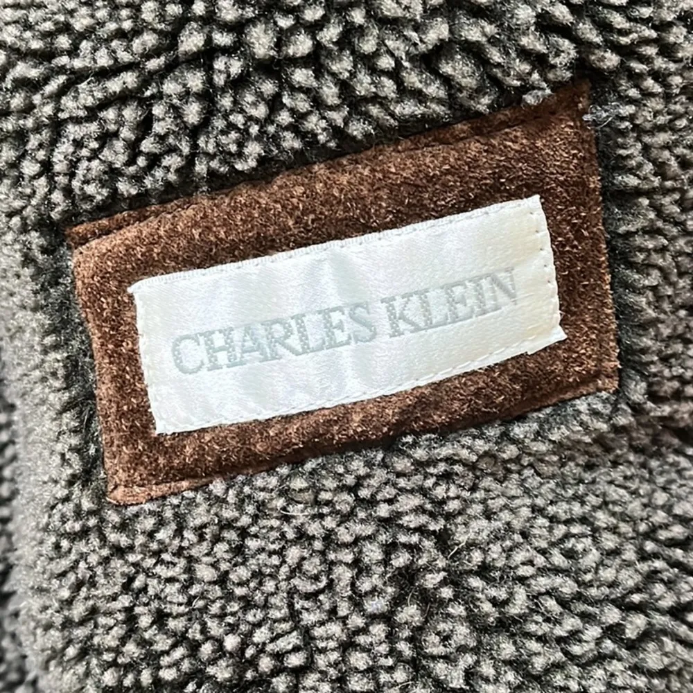 Vintage Suede Leather Coat Sherpa Faux Fur Brown S Small - Image 5