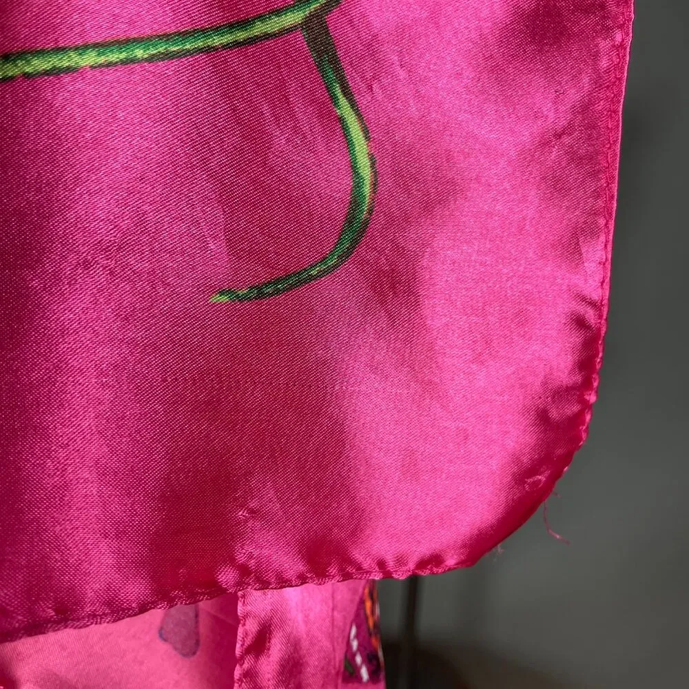 Bright Pink Floral Scarf Horses Birds Maximalist Polyester Square Vibrant Colors - Image 12