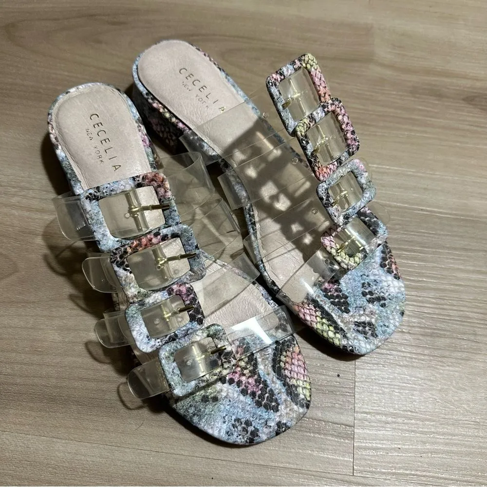 Cecelia New‎ York Lincoln Clear Strap Snake Print Buckle Slide Sandals 7.5 Pink - Image 4