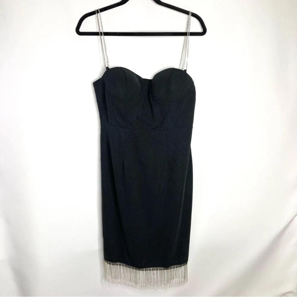 JJ’s House Black and Rhinestone Chain Strap Bodycon Mini Dress Large NWT - Image 2