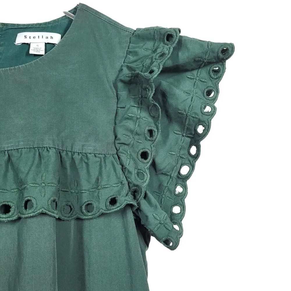 Stellah x Anthropologie Eyelet Fluttered Sleeves Mini Dress in Forest Green - Image 5