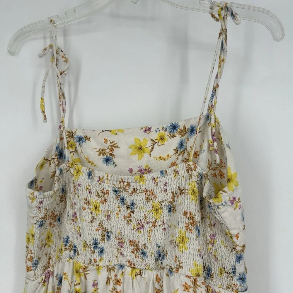Old Navy Floral Smocked Cami Dress Linen Blend Cottagecore Cream Pockets Size M - Image 7