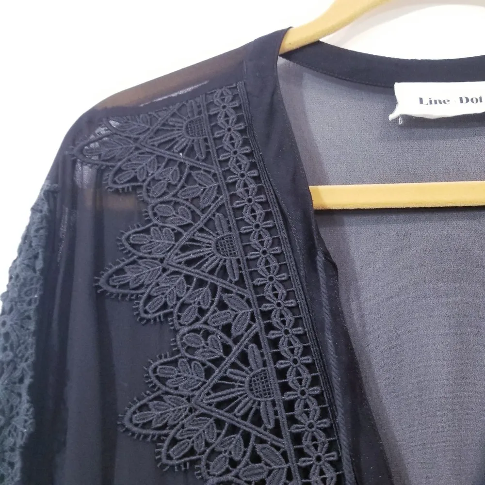 Line and Dot Black Crochet Tassels Deep V-neckline Sheer Blouse Long Sleeves - Image 4