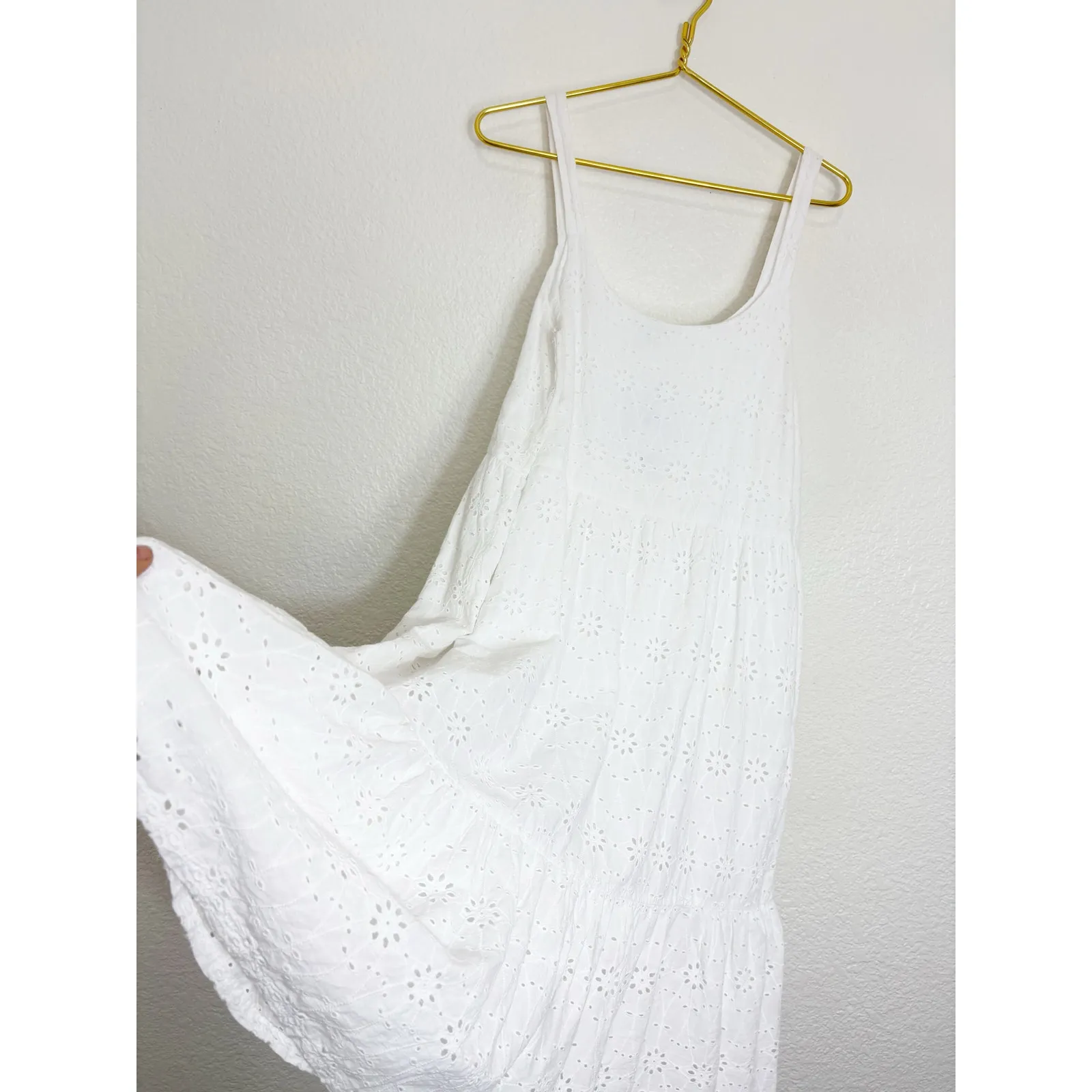 Lucky Brand White Eyelet Tiered Midi Dress Size Medium Boho Peasant Prairie - Image 9