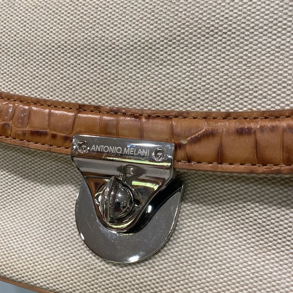 Antonio Melani Beige Canvas Brown Crocodile Print Leather Shoulder Y2K Bag Purse - Image 2