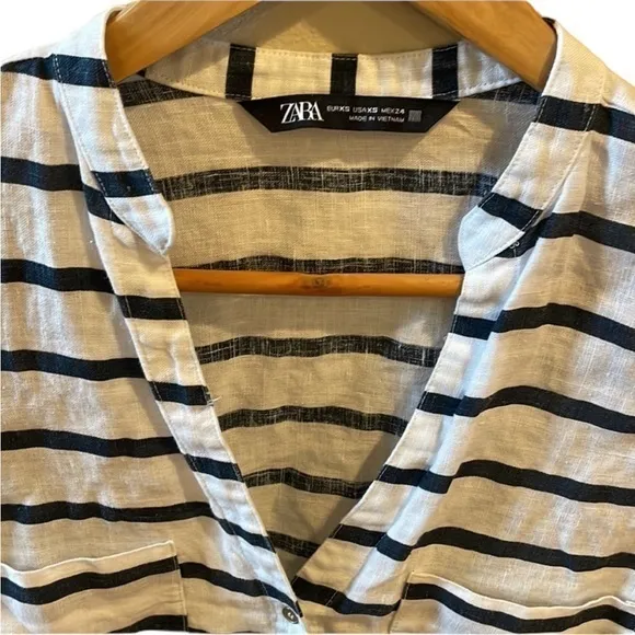 ZARA‎ Women’s V-Neck Nautical Blue & White Strip Tunic Linen Gold Accent Buttons - Image 8