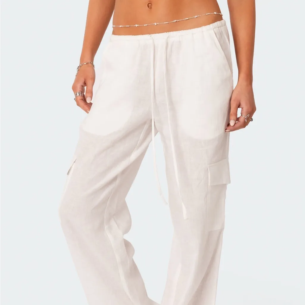 Edikted Lyric Linen Look Cargo Pants White - Image 4