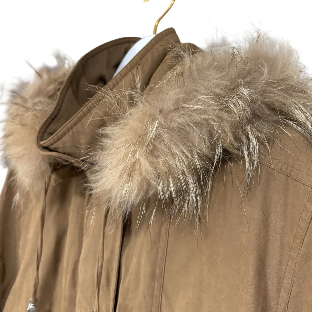 Bernardo Faux Suede Fall Winter Coat Size Small Raccoon Fur Trim Hood Womens - Image 3