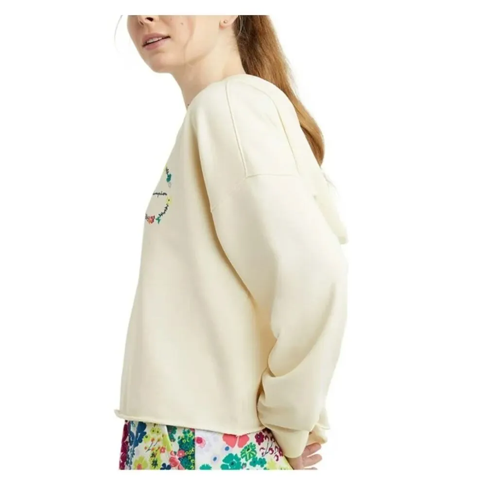 Champion Hoodie Pullover Olive Green Crop Cut Hem Flower Hooded Size Large - Image 6