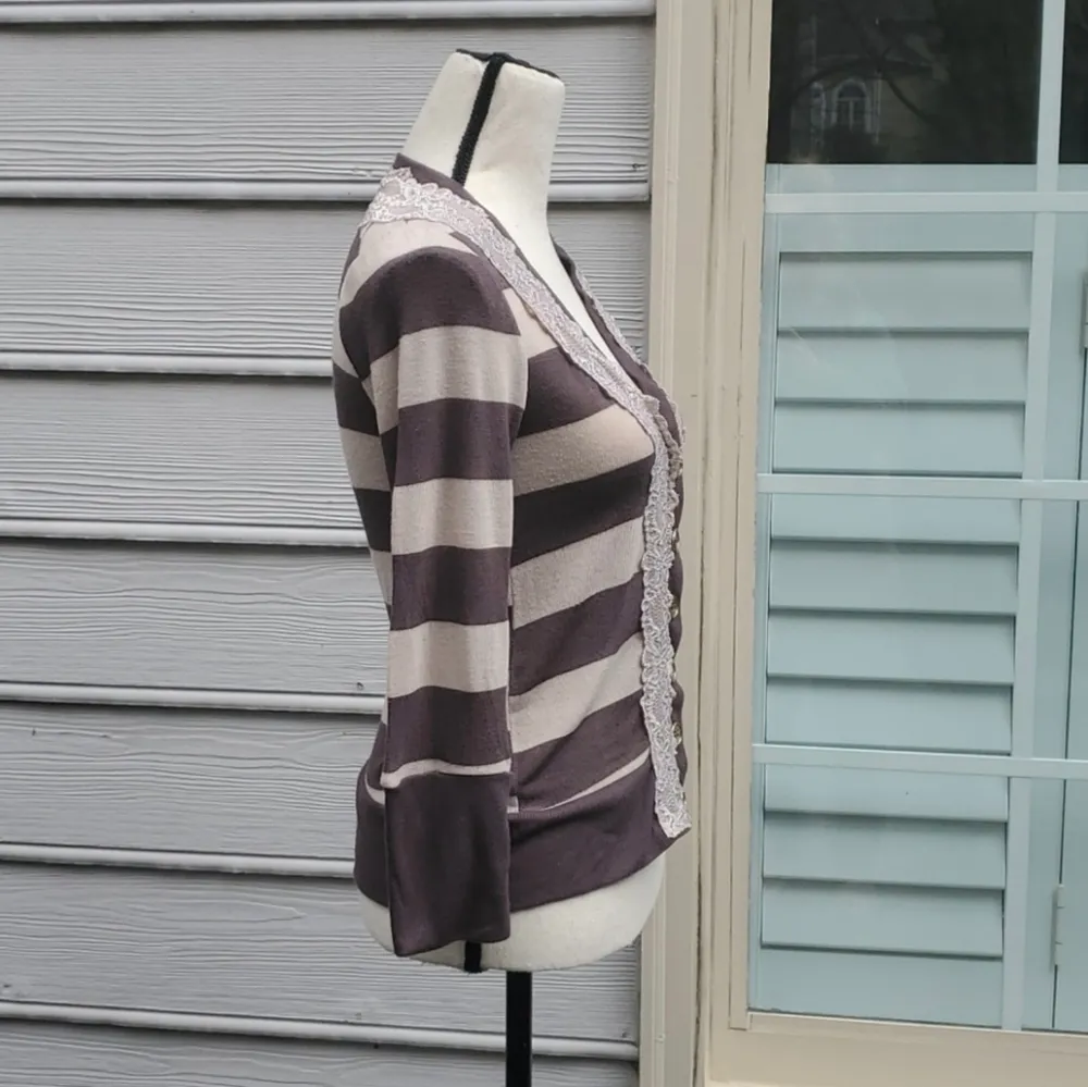 Pleione | Anthropologie V-Neck Striped 3/4 Sleeve Cardigan with Lace Accent - Image 4