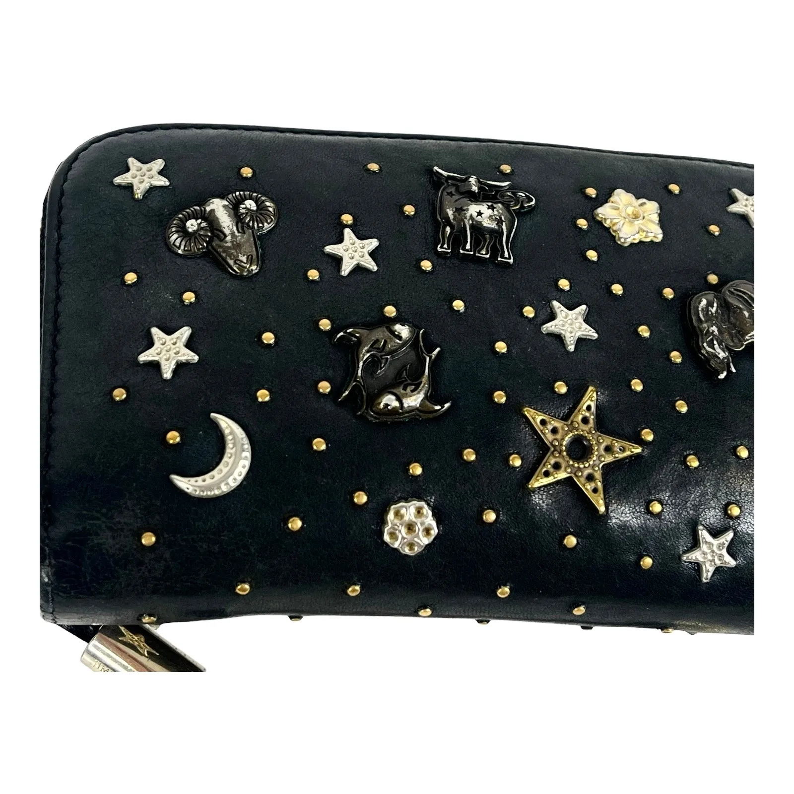 Jimmy Choo Long Wallet Zodiac Studded Zip Black Leather Clutch Purse Authentic - Image 7