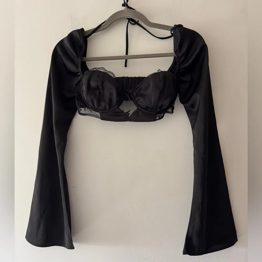 Princess Polly Black Microcrop Lace Bra Bodice Flare Bell Sleeves Top - Image 2