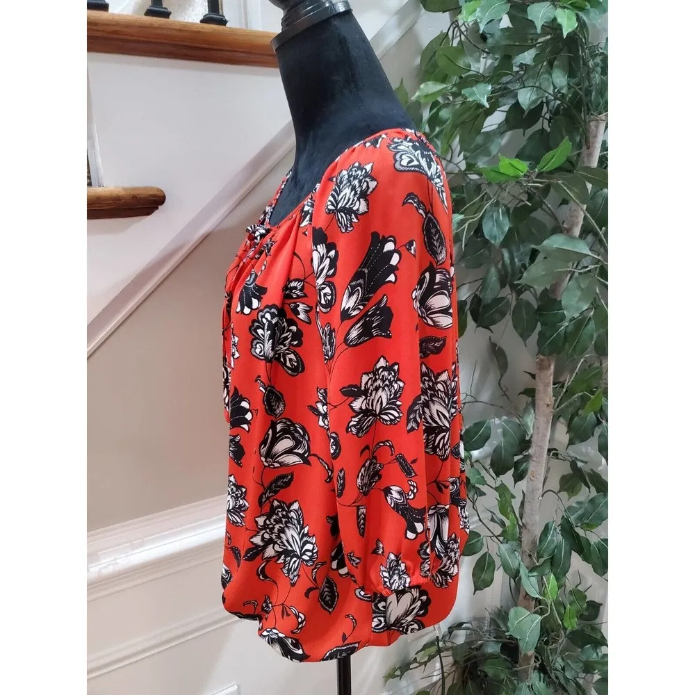 Vince Camuto Womens Red Floral Round Neck Drawstring Long Sleeve Top Blouse S - Image 5