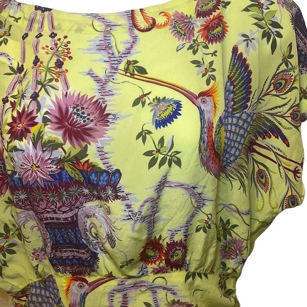 EUC 100% Silk Yellow Floral Bird Print Oversized Banded Hem Top Sz 0 - Image 3