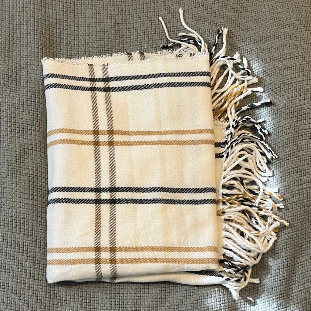 Elegant Cream and Brown Plaid Scarf - Image 2