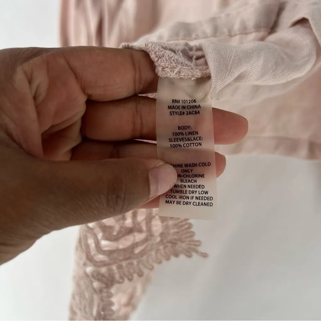Soft Surroundings Blush Linen Button Down See Through Lace Back‎ High Low Shirt - Image 6