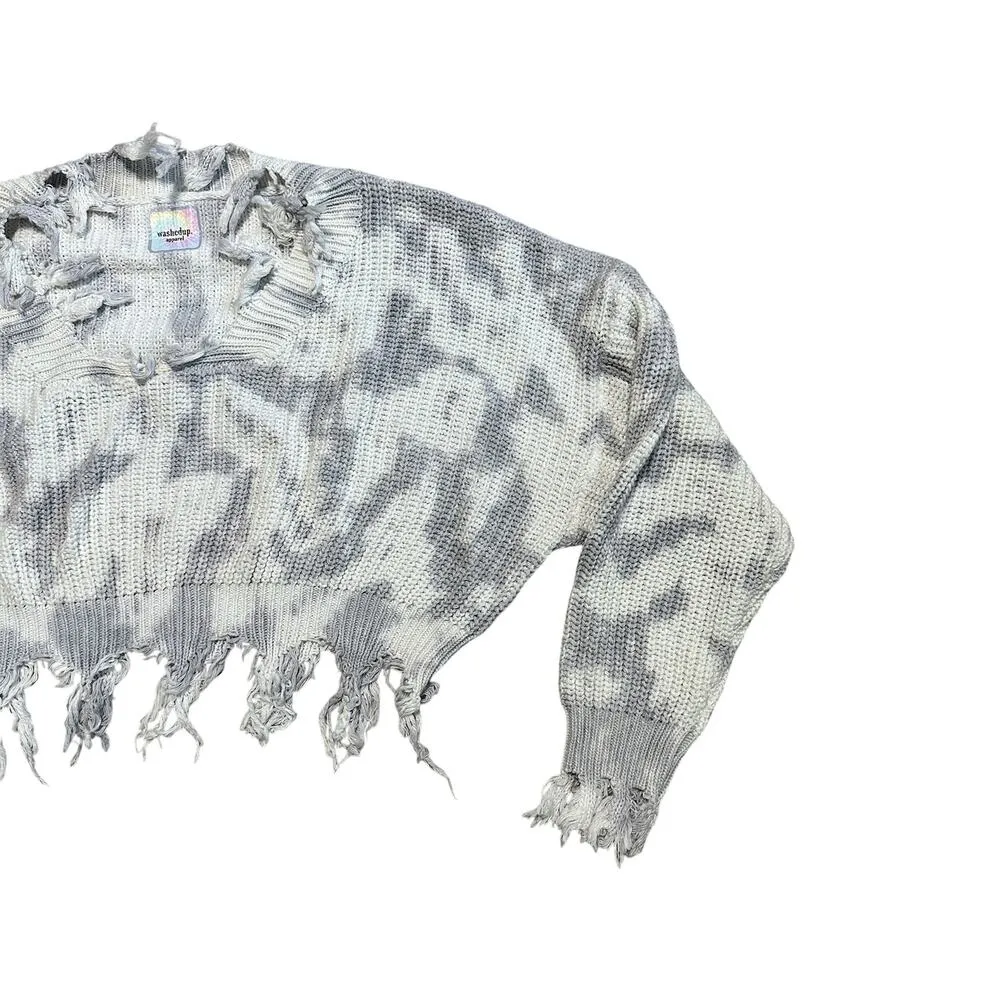 Frayed Cropped Knit Sweater Gray and White Distressed Washedup Apparel Small - Image 5