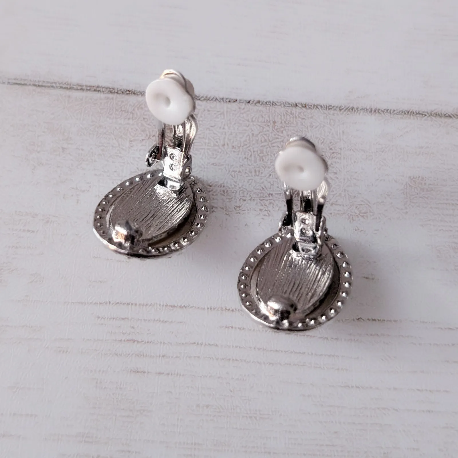 Vintage Clip On Earrings Metallic Tone Center with Clear Gem Halo Elegant - Image 4