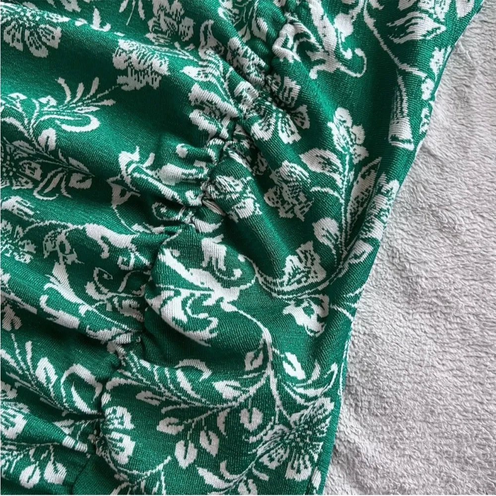 Zara Balloon‎ Sleeve Jacquard Knit Mini Ruched Sweater Dress Floral Green White - Image 4