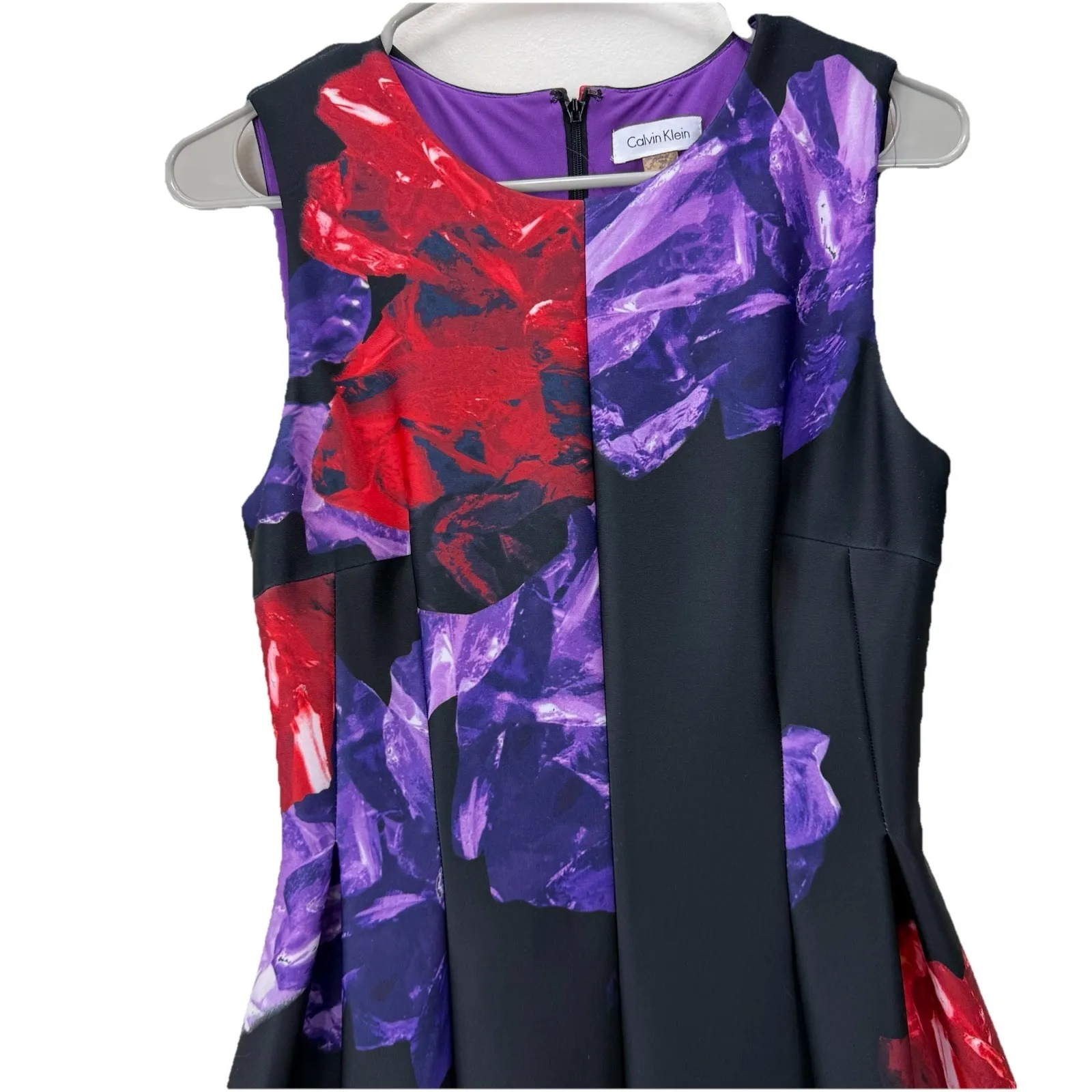 Calvin Klein Purple Red Floral Sleeveless  Pleated Scuba Fit Flare Dress Size 6 - Image 5