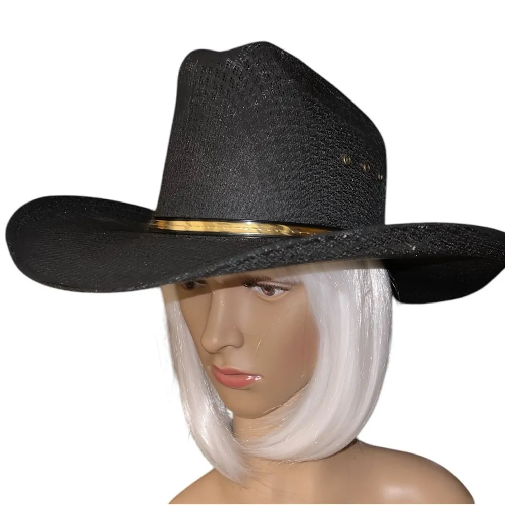 Black Western Hat with Gold Band and feather - Image 2