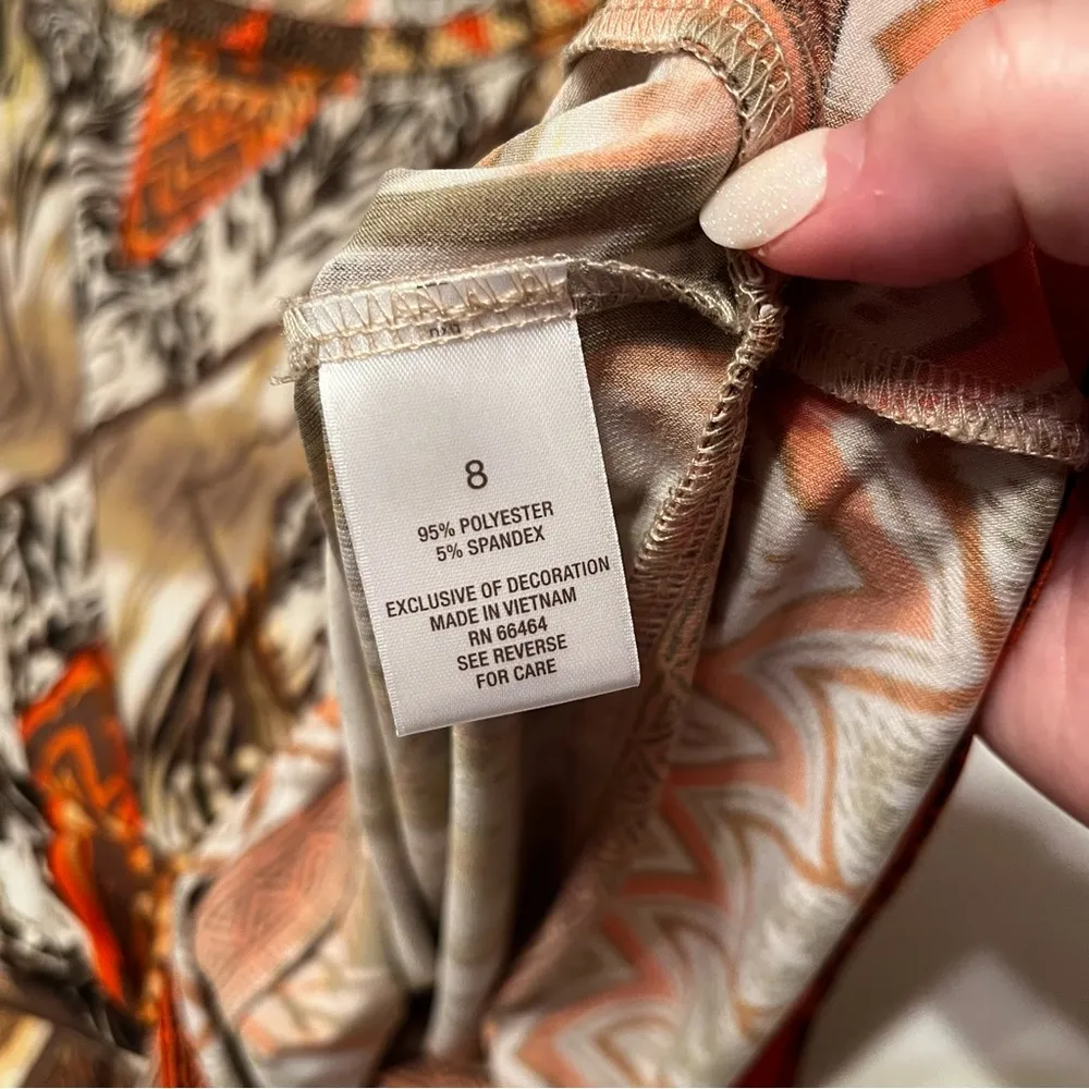 Dress Barn Women SZ 8 Brown Orange Dress Tribal Aztec Sleeveless Beaded Neckline - Image 7