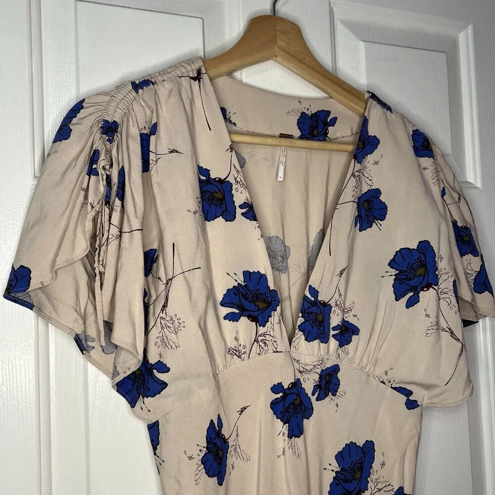 Free People Dress 4 Blue Floral Mini Swing Cinch Sleeve Pockets Pearl Comb Tan - Image 5