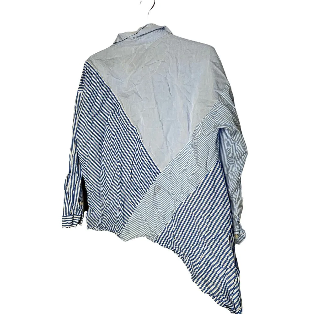 NAADAM Blue Cotton Asymmetrical Stripe Mix Button Up Long Sleeve Top Size Medium - Image 5